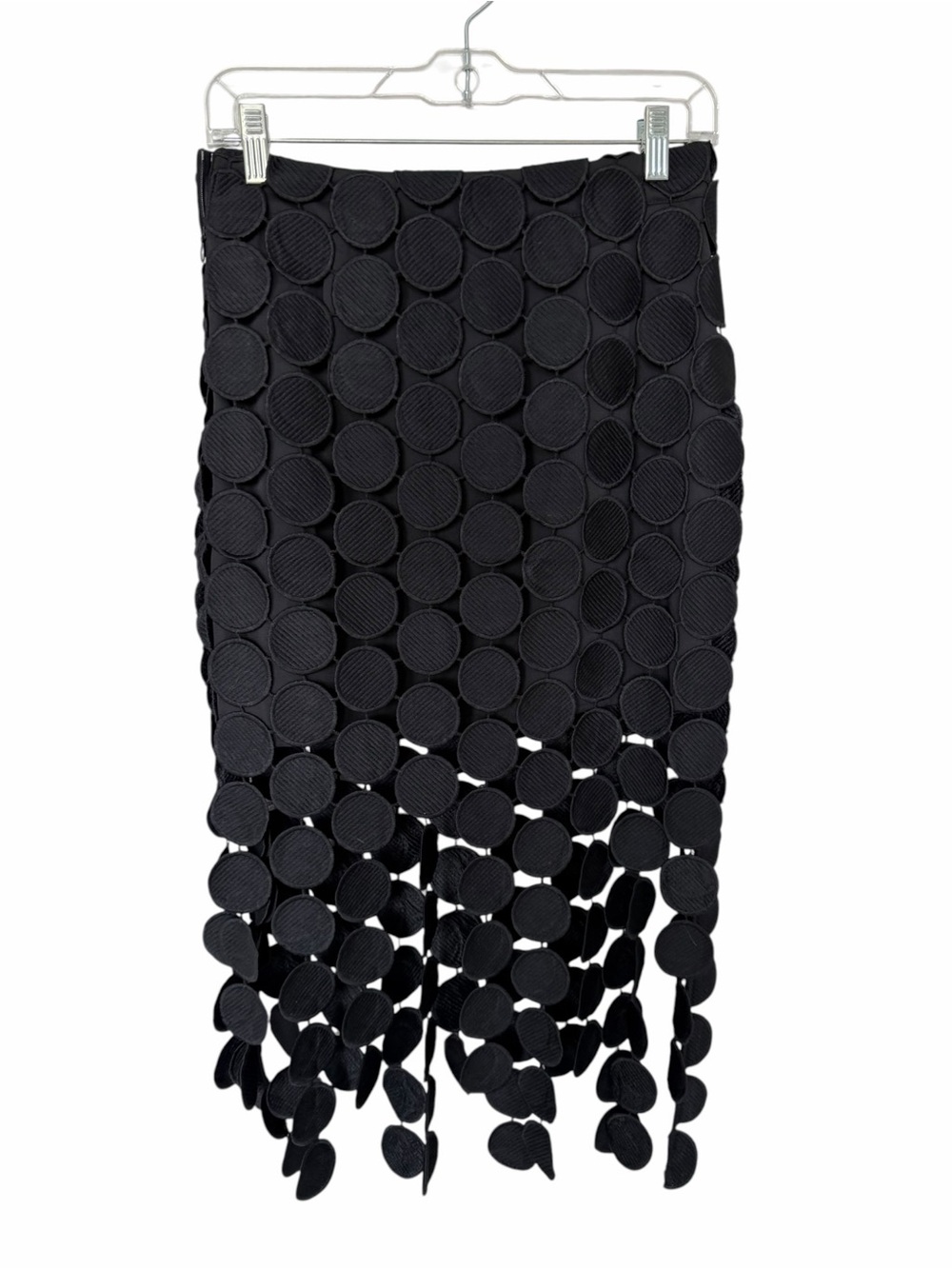 ✅ Commense Black Midi Skirt with Circular Appliqués and Fringe size S